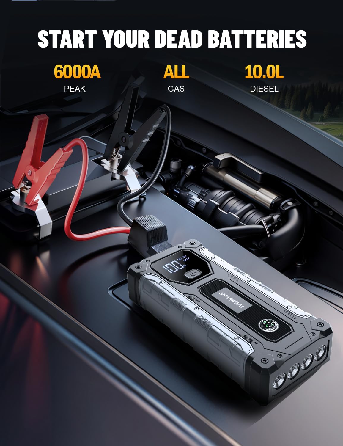 Sharmeal Car Jump Starter 5000A, Jump Starter Battery Pack for 10.0L Gas and 9.0L Diesel, 12V Portable Jump Box with LED Light
