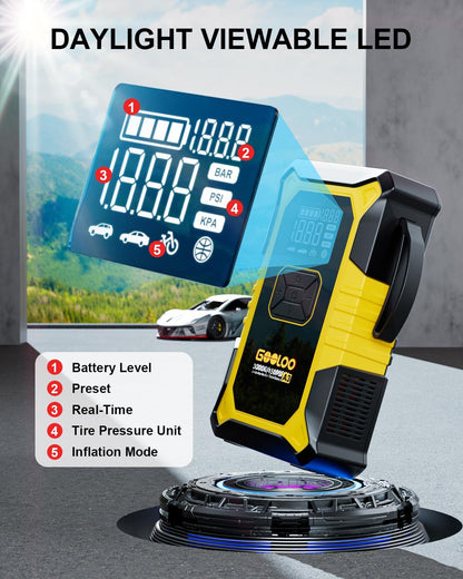 GOOLOO A3 Jump Starter with Air Compressor, 3000A Portable Car Battery Booster (9.0 Gas/6.5L Diesel) with 150PSI Auto-Shutoff Tire Inflator, 12V Supersafe Lithium Jump Box Car Battery Jumper Starter