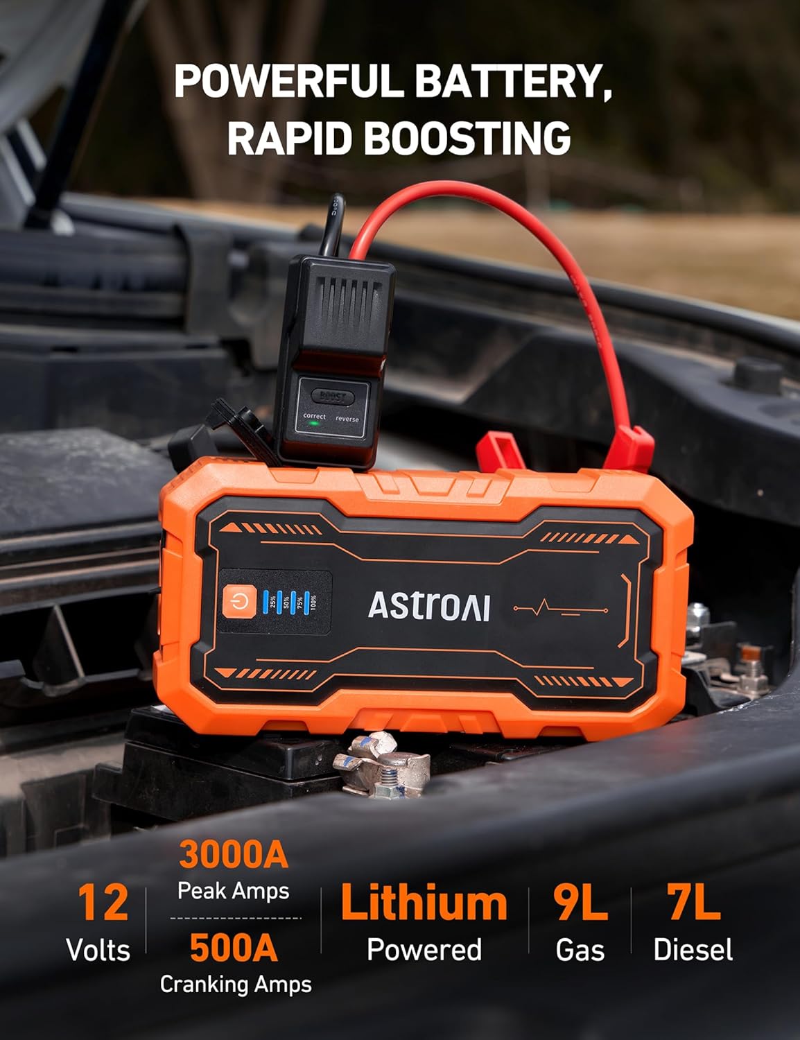 AstroAI S8 Car Battery Jump Starter, Car Jumper Starter Battery Pack for Up to 6.0L Gas & 3.0L Diesel Engines, 12V Portable Jump Box with 3 Modes Flashlight and Jumper Cable (Orange)