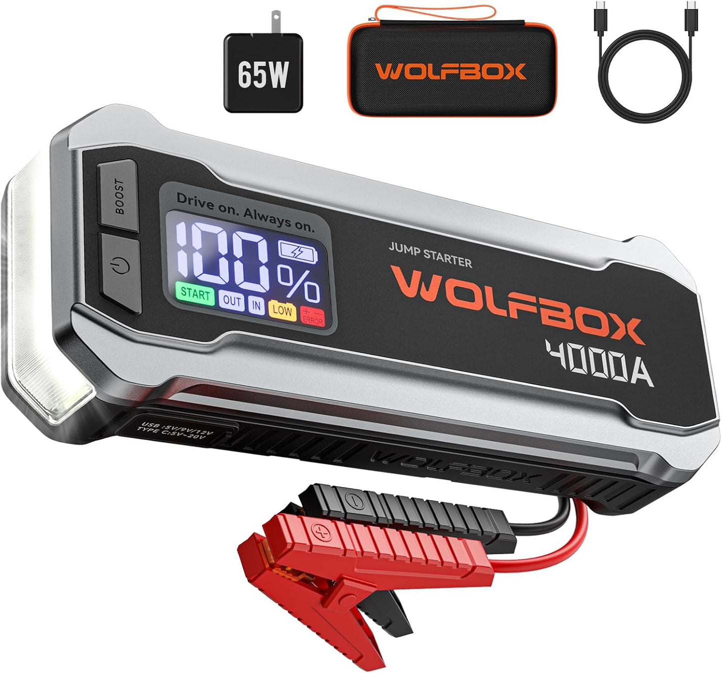 WOLFBOX MV24 4000A Jump Starter,12V Car Booster Pack with 65W Quick Charger,LED Display,24000mAh Portable Jump Starter Battery (10L Gas 10L Diesel Engine) with LED Light,Jumper Cables