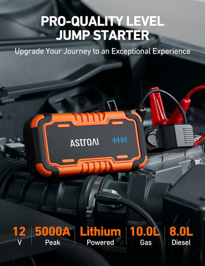 AstroAI S8 Car Battery Jump Starter, Car Jumper Starter Battery Pack for Up to 6.0L Gas & 3.0L Diesel Engines, 12V Portable Jump Box with 3 Modes Flashlight and Jumper Cable (Orange)
