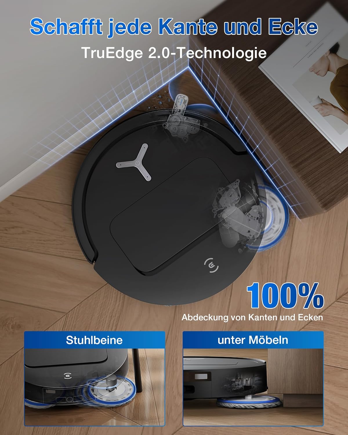 ECOVACS DEEBOT T50 PRO Omni Gen2 Saugroboter mit Wischfunktion, Ausfahrende Seitenbürste und Wischmopp, 21.000 Pa, Auto Zugabe von Reinigungslösung, Moppwäsche mit 75°C heißem Wasser, Ultradünn 81 mm