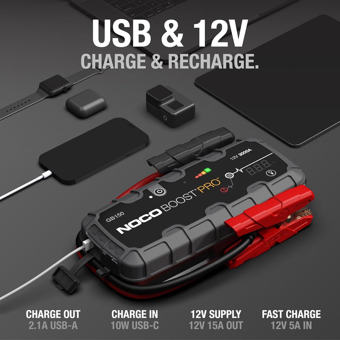 NOCO Boost GB150: 3000A UltraSafe Jump Starter – 12V Lithium Battery Booster Pack, Portable Jump Box, Power Bank & Jumper Cables - for 9.0L Gas and 7.0L Diesel Engines