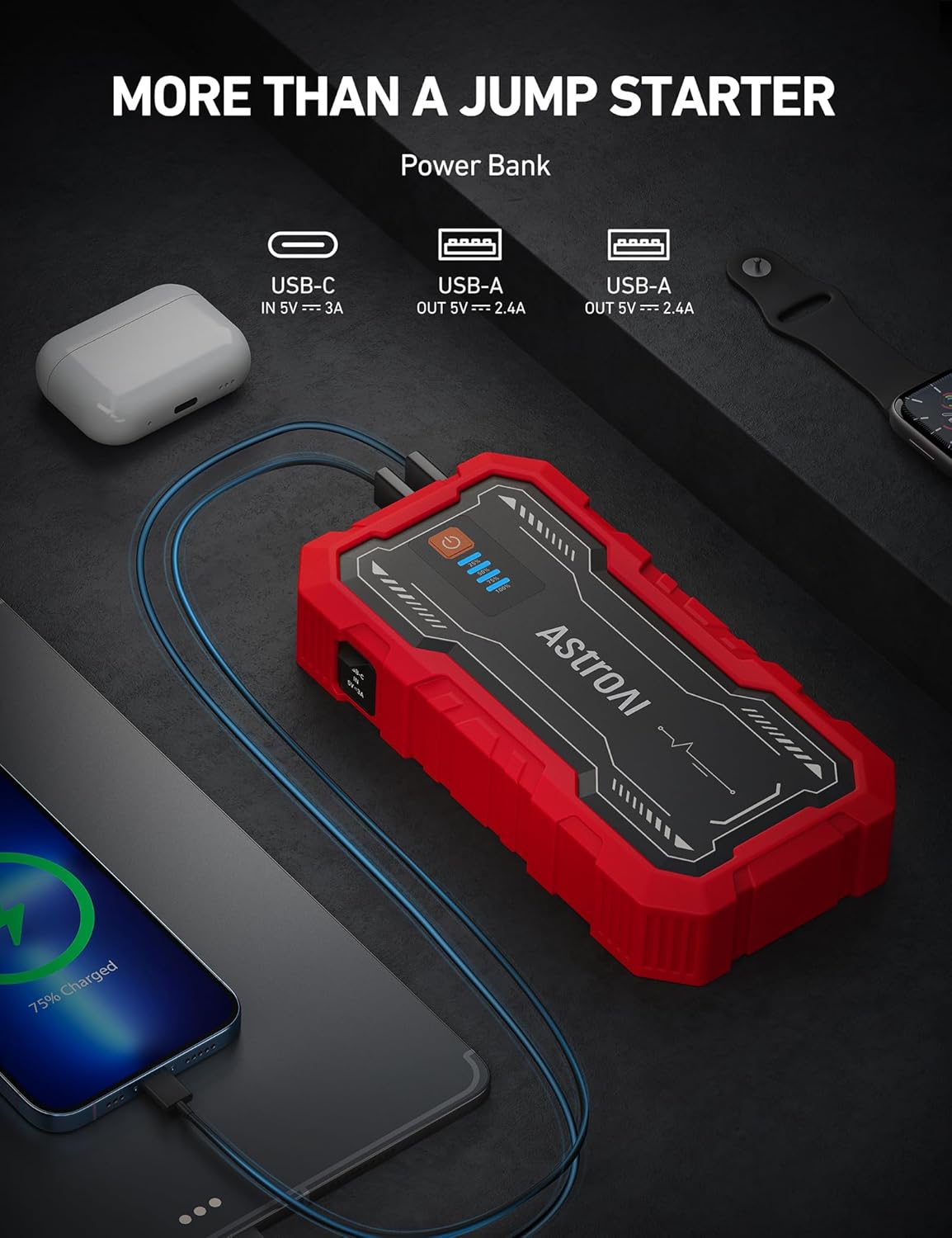 AstroAI S8 Car Battery Jump Starter, Car Jumper Starter Battery Pack for Up to 6.0L Gas & 3.0L Diesel Engines, 12V Portable Jump Box with 3 Modes Flashlight and Jumper Cable (Orange)