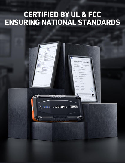 AstroAI S8 Car Battery Jump Starter, Car Jumper Starter Battery Pack for Up to 6.0L Gas & 3.0L Diesel Engines, 12V Portable Jump Box with 3 Modes Flashlight and Jumper Cable (Orange)