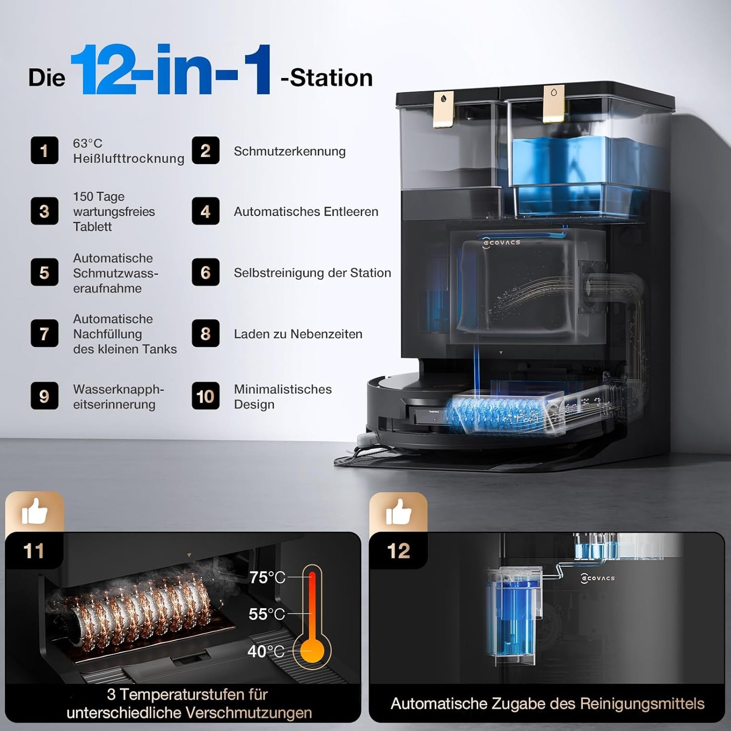 ECOVACS DEEBOT X8 PRO Omni Saugroboter mit Wischfunktion, OZMO Roller mit kontinuierliches Wischen & Selbstreinigung, 18.000 Pa, 12-in-1 Station, 40–75 °C Heißwasser-Moppreinigung, YIKO-GPT