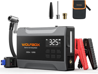 WOLFBOX 4000A Jump Starter with 160PSI Air Compressor, 12V Car Battery Booster, 65W Fast Charge, 24000mAh Portable Tire Inflator, LED Display for 10L Gas & 10L Diesel Engines, LED Light, Jumper Cables
