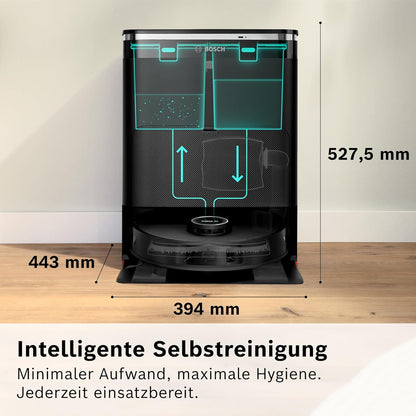 Bosch Spotless Max BCRDW3B Saugroboter mit Wischfunktion, 11.000 Pa Saugkaft, rotierende Wischpads, Nass-Trocken-Servicestation, Selbstreinigung, Smart Vision Navigation, Steuerung per App, schwarz