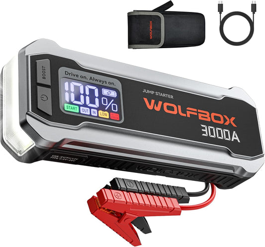 WOLFBOX MV24 4000A Jump Starter,12V Car Booster Pack with 65W Quick Charger,LED Display,24000mAh Portable Jump Starter Battery (10L Gas 10L Diesel Engine) with LED Light,Jumper Cables