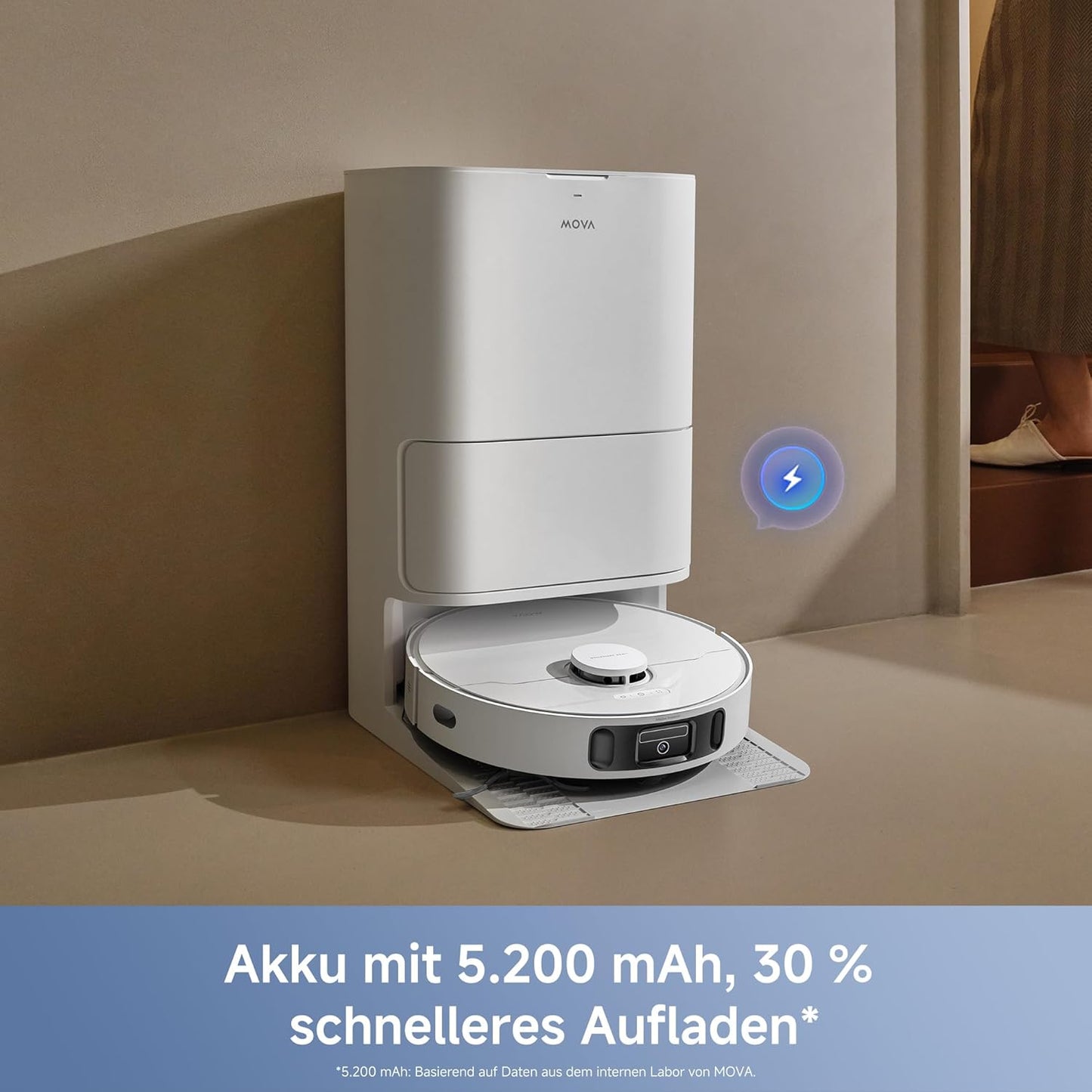 Mova E40 Ultra Saugroboter mit Wischfunktion, Autom. Leerung und 19.000 Pa, MaxiReach-Wischmopp-T., Verhedderungsfreie Seitenbürste, Eingeb. 80-ml-Wasserb, All-in-One-Station zu 75 Tage Reinigung