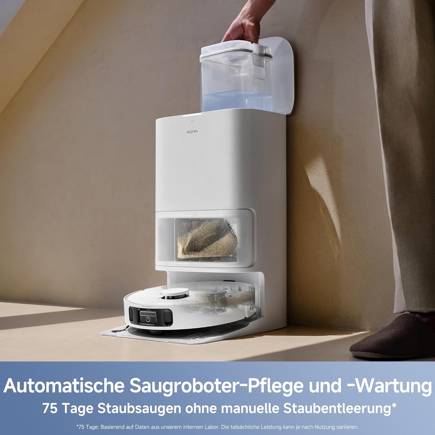 Mova E40 Ultra Saugroboter mit Wischfunktion, Autom. Leerung und 19.000 Pa, MaxiReach-Wischmopp-T., Verhedderungsfreie Seitenbürste, Eingeb. 80-ml-Wasserb, All-in-One-Station zu 75 Tage Reinigung