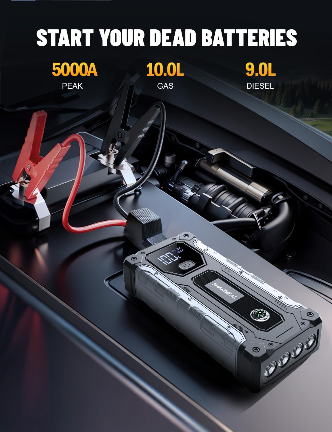 Sharmeal Car Jump Starter 5000A, Jump Starter Battery Pack for 10.0L Gas and 9.0L Diesel, 12V Portable Jump Box with LED Light