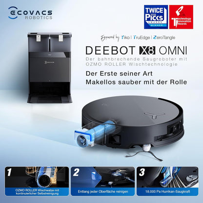 ECOVACS DEEBOT X8 PRO Omni Saugroboter mit Wischfunktion, OZMO Roller mit kontinuierliches Wischen & Selbstreinigung, 18.000 Pa, 12-in-1 Station, 40–75 °C Heißwasser-Moppreinigung, YIKO-GPT
