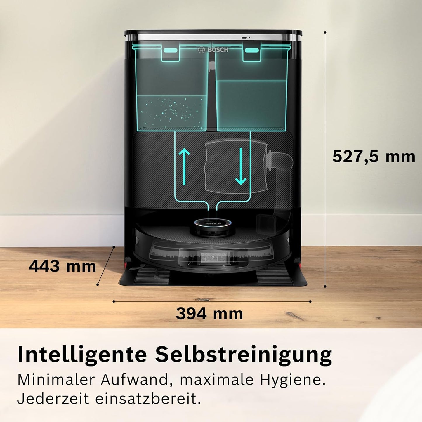 Bosch Spotless Max Cam BCRDW3BX Saugroboter mit Wischfunktion, 11.000 Pa Saugkaft, rotierende Wischpads, Nass-Trocken-Servicestation, Selbstreinigung, Smart Vision Kamera, Steuerung per App, schwarz