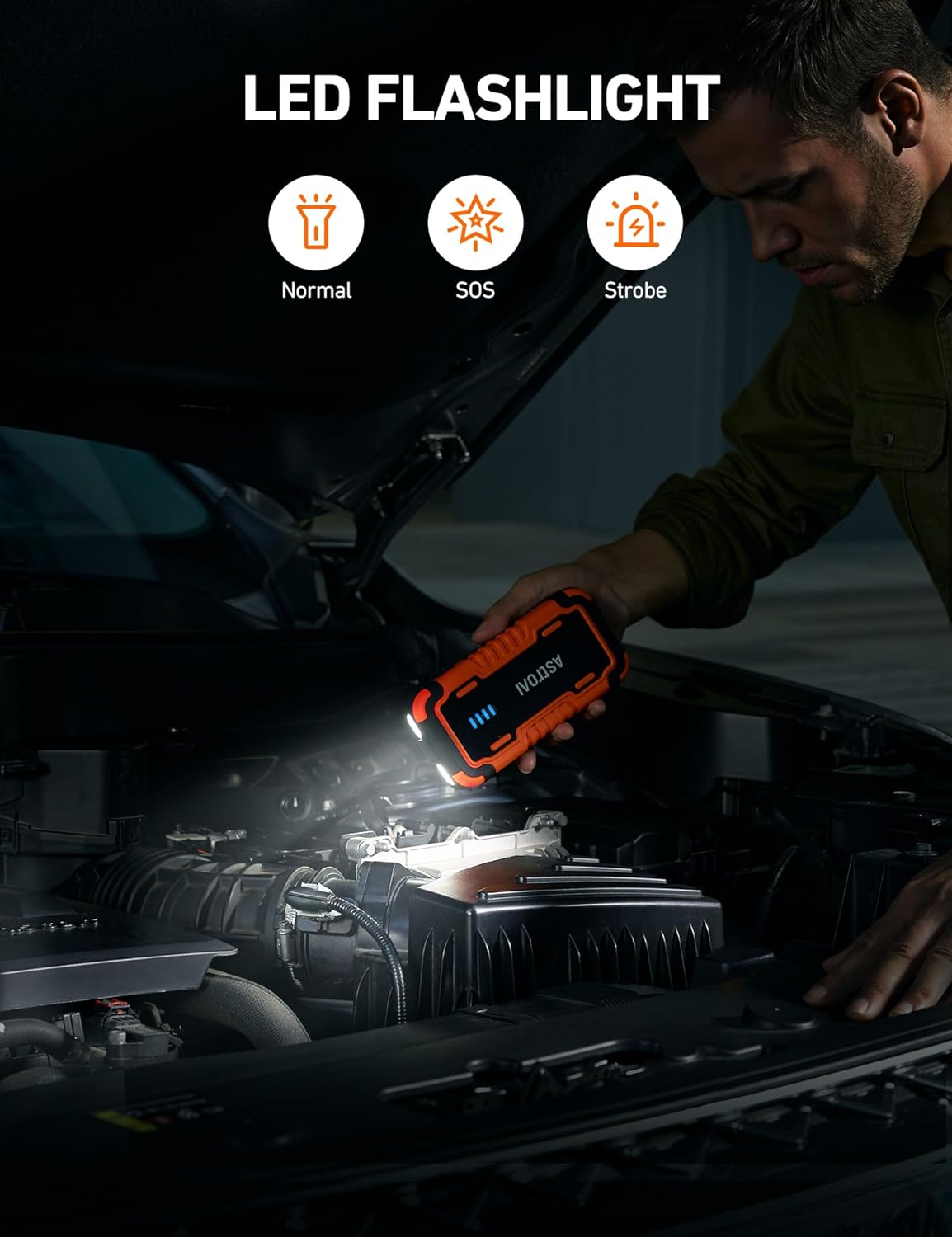 AstroAI S8 Car Battery Jump Starter, Car Jumper Starter Battery Pack for Up to 6.0L Gas & 3.0L Diesel Engines, 12V Portable Jump Box with 3 Modes Flashlight and Jumper Cable (Orange)