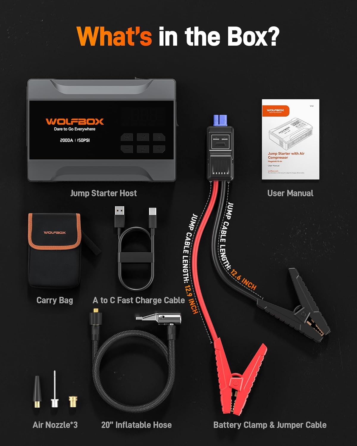 WOLFBOX 4000A Jump Starter with 160PSI Air Compressor, 12V Car Battery Booster, 65W Fast Charge, 24000mAh Portable Tire Inflator, LED Display for 10L Gas & 10L Diesel Engines, LED Light, Jumper Cables