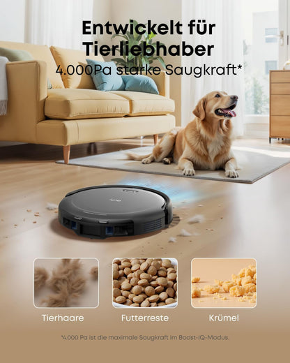 eufy C10 Saugroboter mit Automatischer Absaugstation, 7,3cm Ultraflaches Design, Teppichreinigung, Ausfahrbare Seitenbürste für Ecken, Automatische Entleerung, Punktlaser- & Infrarot-Navigation