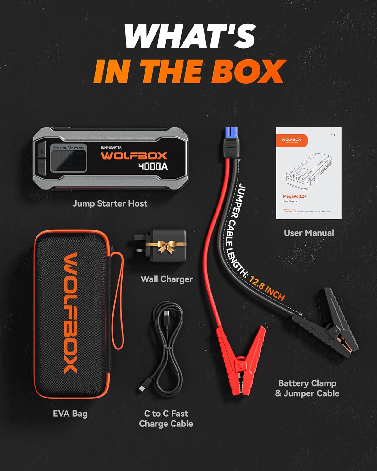 WOLFBOX MV24 4000A Jump Starter,12V Car Booster Pack with 65W Quick Charger,LED Display,24000mAh Portable Jump Starter Battery (10L Gas 10L Diesel Engine) with LED Light,Jumper Cables