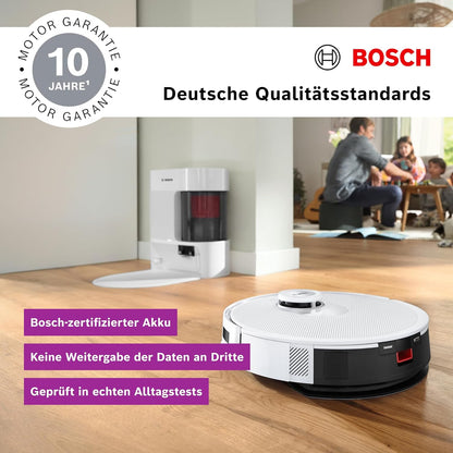 Bosch Spotless + BCRD1W Saugroboter mit Wischfunktion, 11.000 Pa Saugkraft, Wischpad, Trocken-Servicestation, Smart Vision Navigation mit Infrarot-Licht, Steuerung per App, weiß