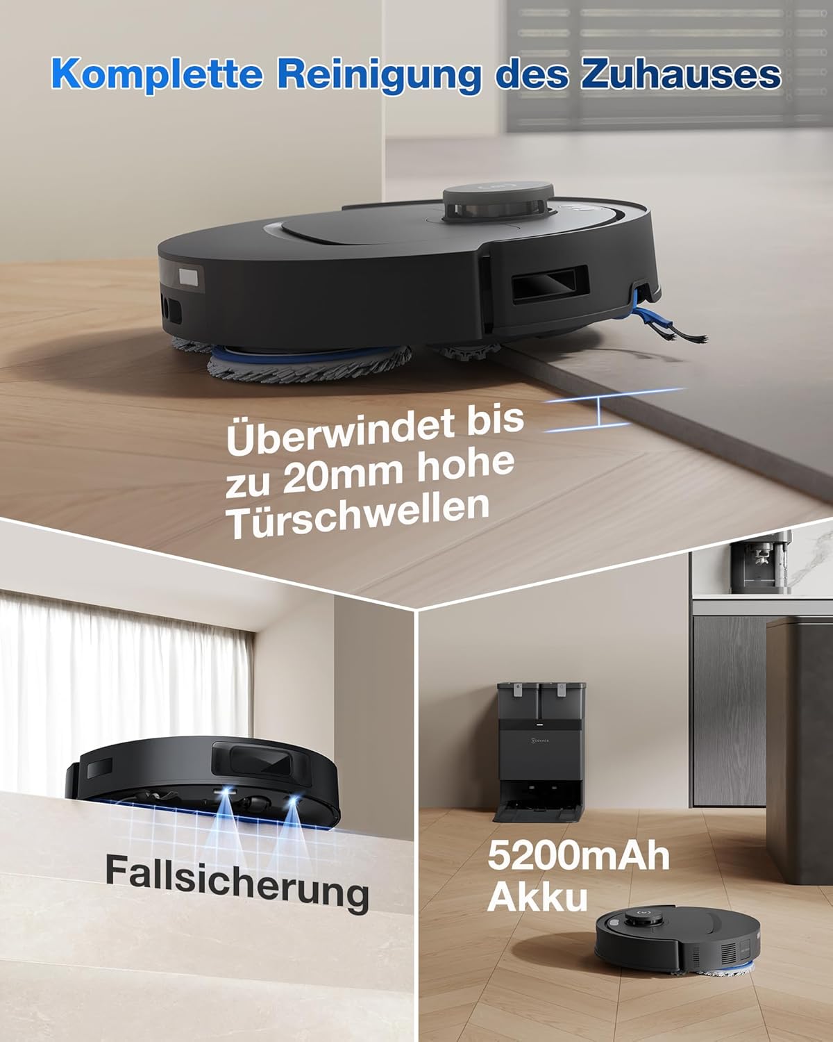 ECOVACS DEEBOT T30C Omni, Saugroboter mit Wischfunktion, 20.000 Pa, OZMO Turbo 2.0 Wischen, ZeroTangle 3.0 Anti-Verheddern, TruEdge 2.0 Kantenreinigung, All-in-One-Station, 75°C Moppwäsche, Schwarz