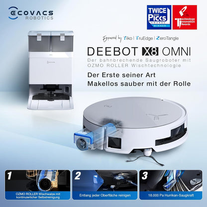 ECOVACS DEEBOT X8 PRO Omni Saugroboter mit Wischfunktion, OZMO Roller mit kontinuierliches Wischen & Selbstreinigung, 18.000 Pa, 12-in-1 Station, 40–75 °C Heißwasser-Moppreinigung, YIKO-GPT