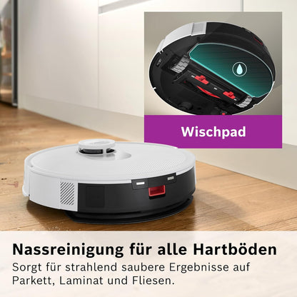 Bosch Spotless + BCRD1W Saugroboter mit Wischfunktion, 11.000 Pa Saugkraft, Wischpad, Trocken-Servicestation, Smart Vision Navigation mit Infrarot-Licht, Steuerung per App, weiß