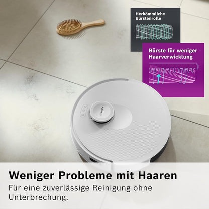 Bosch Spotless + BCRD1W Saugroboter mit Wischfunktion, 11.000 Pa Saugkraft, Wischpad, Trocken-Servicestation, Smart Vision Navigation mit Infrarot-Licht, Steuerung per App, weiß