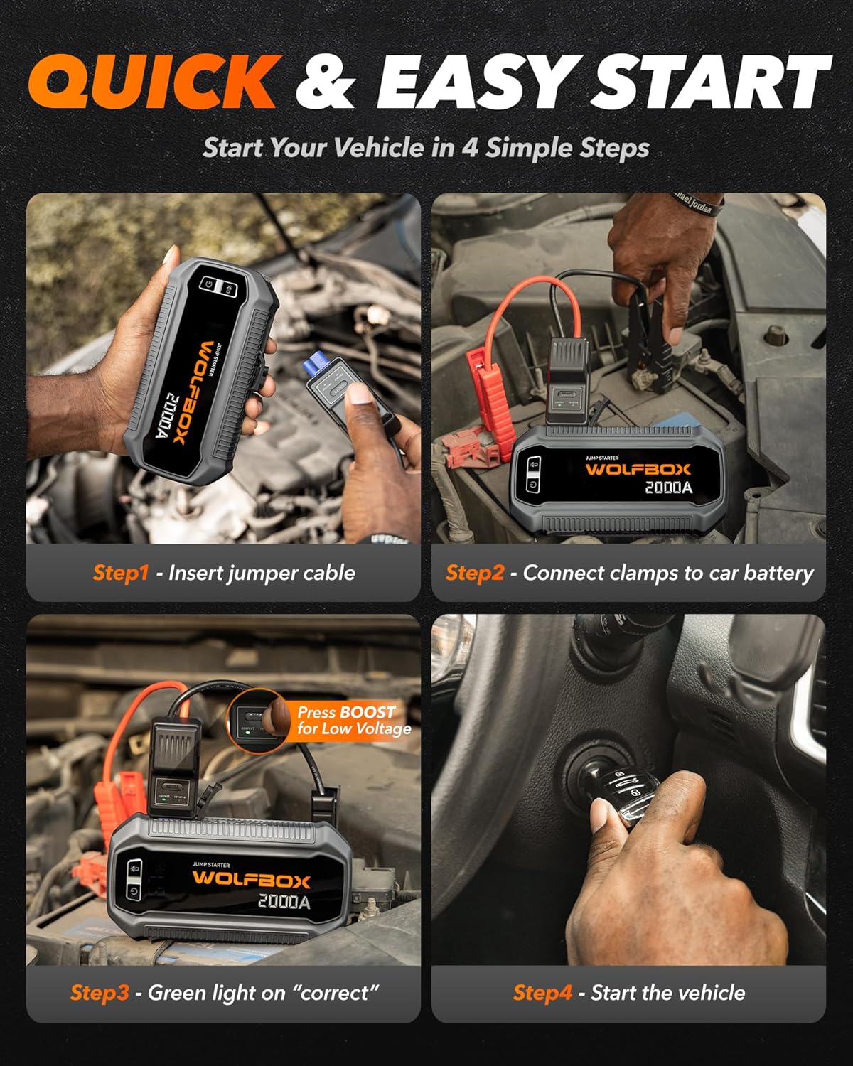 WOLFBOX MV24 4000A Jump Starter,12V Car Booster Pack with 65W Quick Charger,LED Display,24000mAh Portable Jump Starter Battery (10L Gas 10L Diesel Engine) with LED Light,Jumper Cables