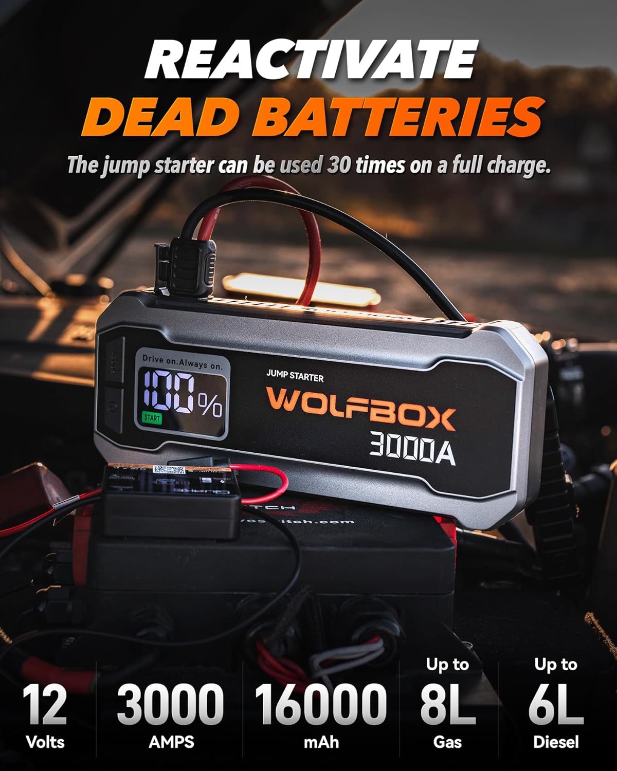 WOLFBOX MV24 4000A Jump Starter,12V Car Booster Pack with 65W Quick Charger,LED Display,24000mAh Portable Jump Starter Battery (10L Gas 10L Diesel Engine) with LED Light,Jumper Cables