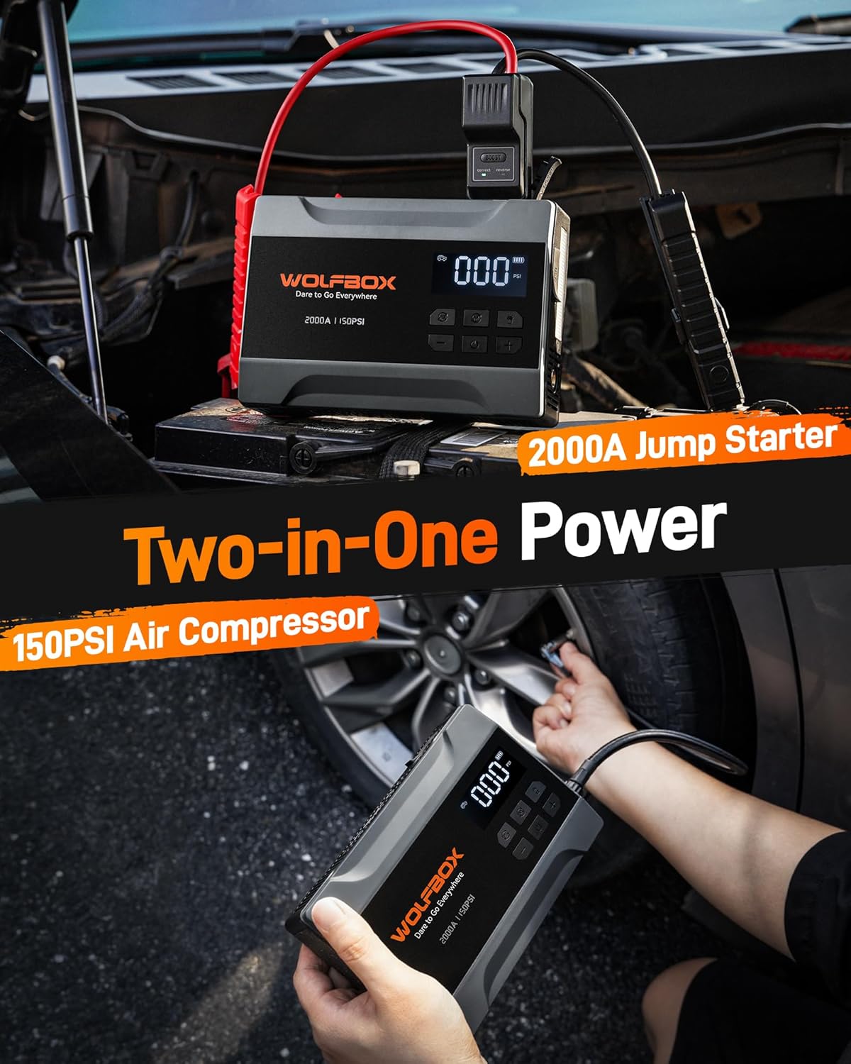 WOLFBOX 4000A Jump Starter with 160PSI Air Compressor, 12V Car Battery Booster, 65W Fast Charge, 24000mAh Portable Tire Inflator, LED Display for 10L Gas & 10L Diesel Engines, LED Light, Jumper Cables