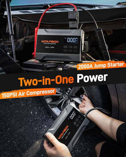 WOLFBOX 4000A Jump Starter with 160PSI Air Compressor, 12V Car Battery Booster, 65W Fast Charge, 24000mAh Portable Tire Inflator, LED Display for 10L Gas & 10L Diesel Engines, LED Light, Jumper Cables