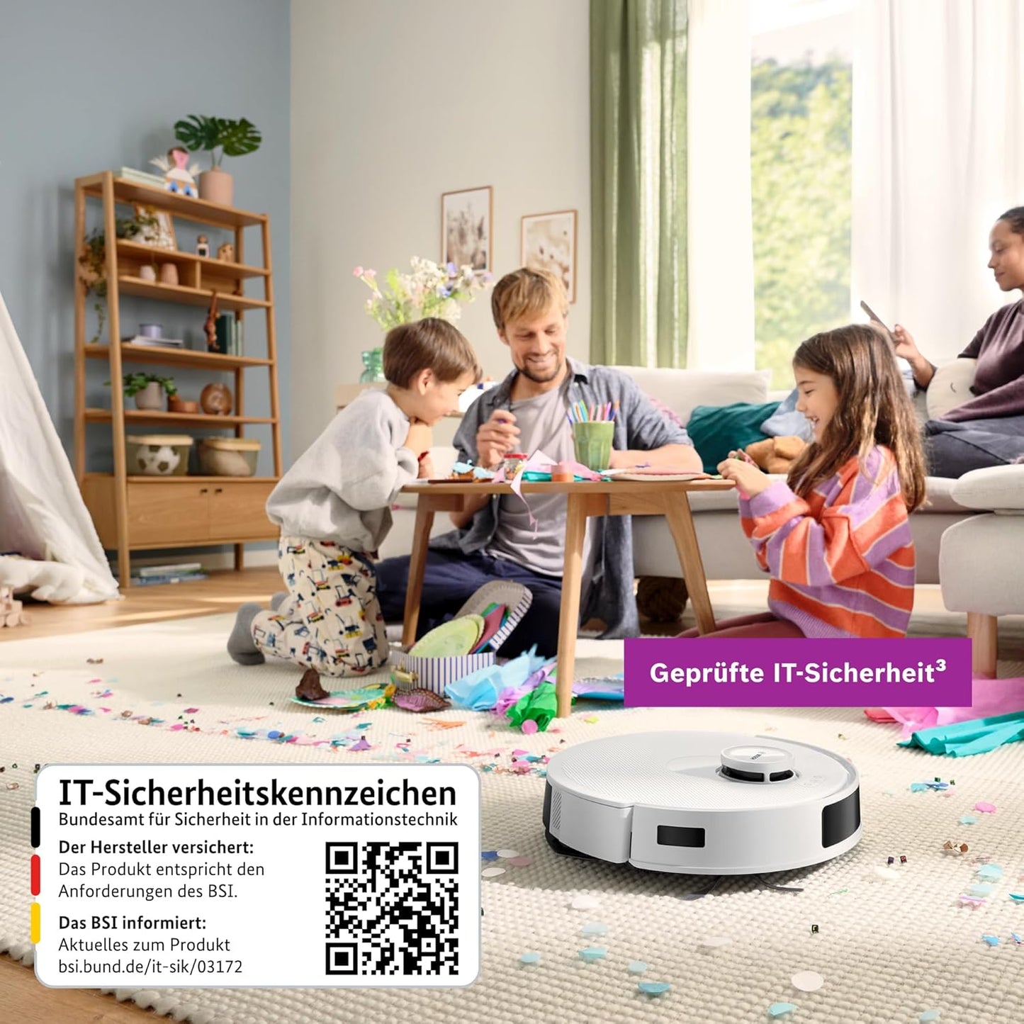 Bosch Spotless + BCRD1W Saugroboter mit Wischfunktion, 11.000 Pa Saugkraft, Wischpad, Trocken-Servicestation, Smart Vision Navigation mit Infrarot-Licht, Steuerung per App, weiß