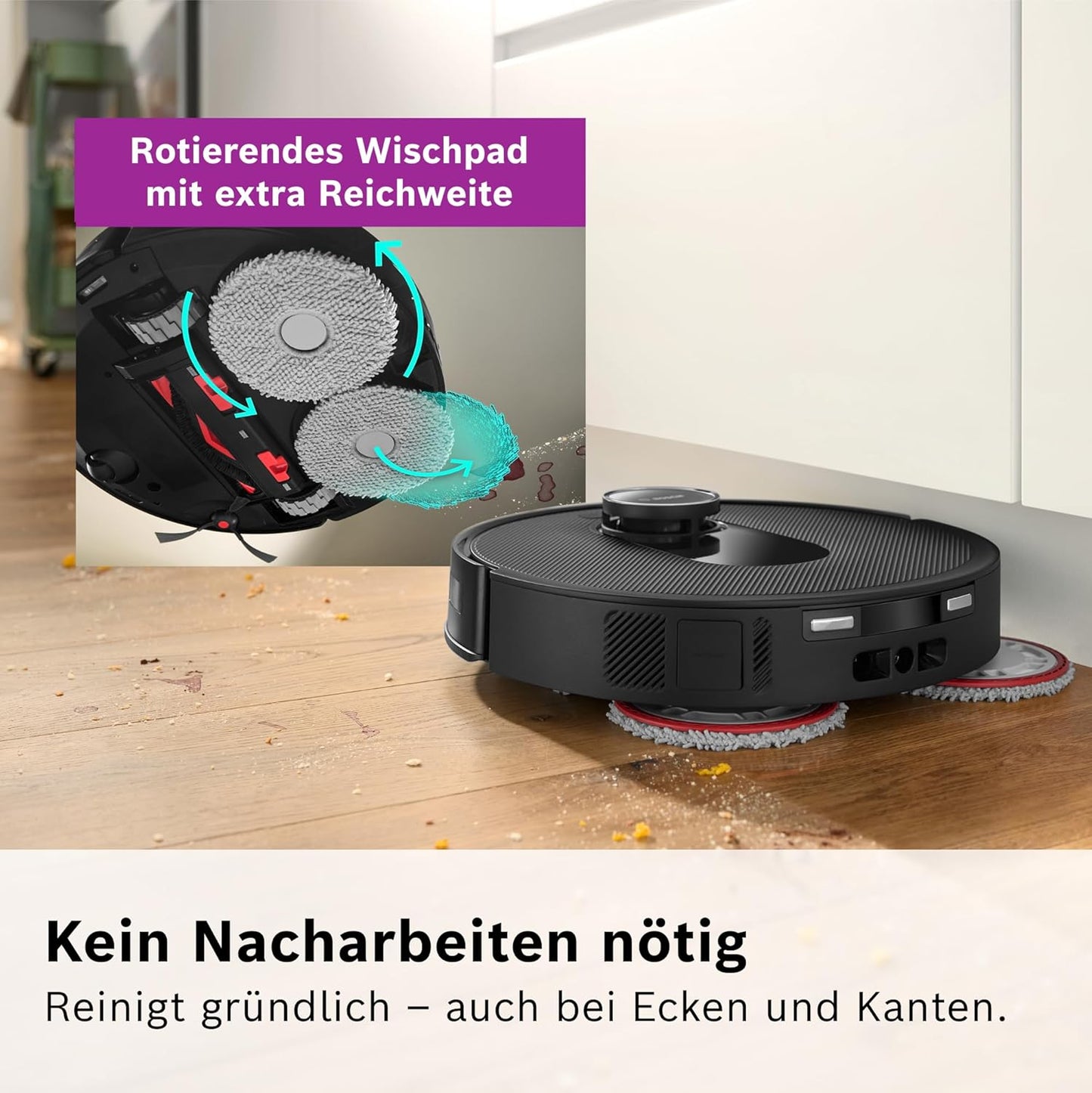 Bosch Spotless Max BCRDW3B Saugroboter mit Wischfunktion, 11.000 Pa Saugkaft, rotierende Wischpads, Nass-Trocken-Servicestation, Selbstreinigung, Smart Vision Navigation, Steuerung per App, schwarz