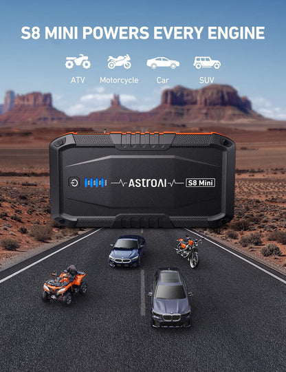 AstroAI S8 Car Battery Jump Starter, Car Jumper Starter Battery Pack for Up to 6.0L Gas & 3.0L Diesel Engines, 12V Portable Jump Box with 3 Modes Flashlight and Jumper Cable (Orange)