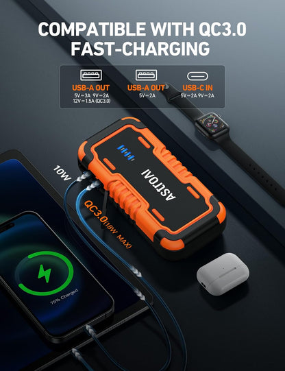 AstroAI S8 Car Battery Jump Starter, Car Jumper Starter Battery Pack for Up to 6.0L Gas & 3.0L Diesel Engines, 12V Portable Jump Box with 3 Modes Flashlight and Jumper Cable (Orange)