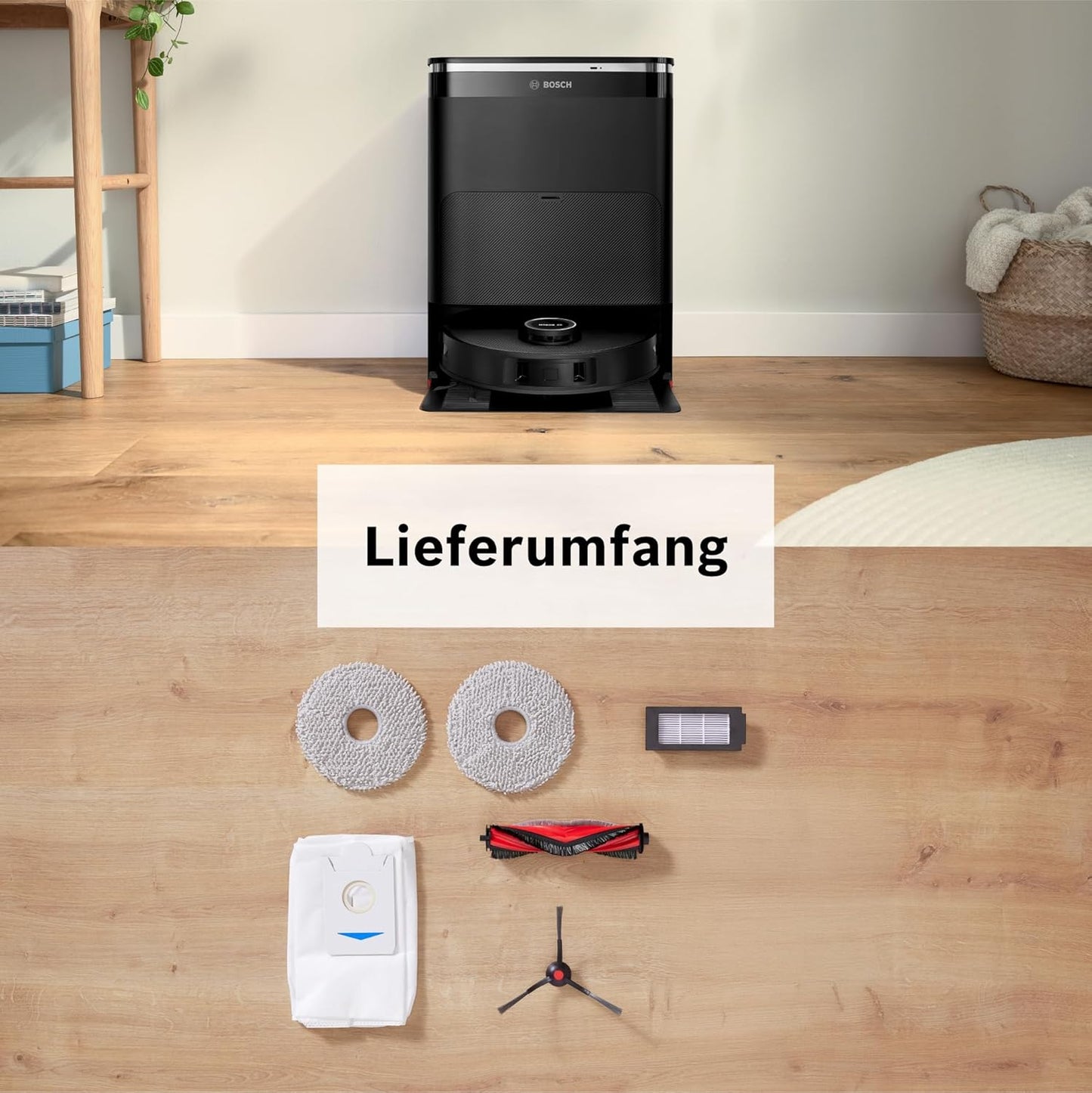 Bosch Spotless Max BCRDW3B Saugroboter mit Wischfunktion, 11.000 Pa Saugkaft, rotierende Wischpads, Nass-Trocken-Servicestation, Selbstreinigung, Smart Vision Navigation, Steuerung per App, schwarz