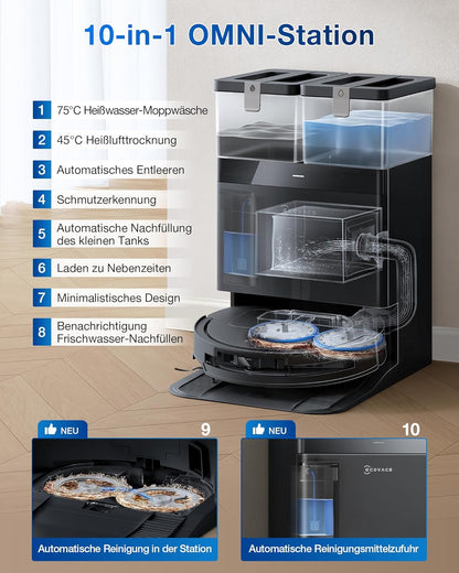ECOVACS DEEBOT T50 PRO Omni Gen2 Saugroboter mit Wischfunktion, Ausfahrende Seitenbürste und Wischmopp, 21.000 Pa, Auto Zugabe von Reinigungslösung, Moppwäsche mit 75°C heißem Wasser, Ultradünn 81 mm