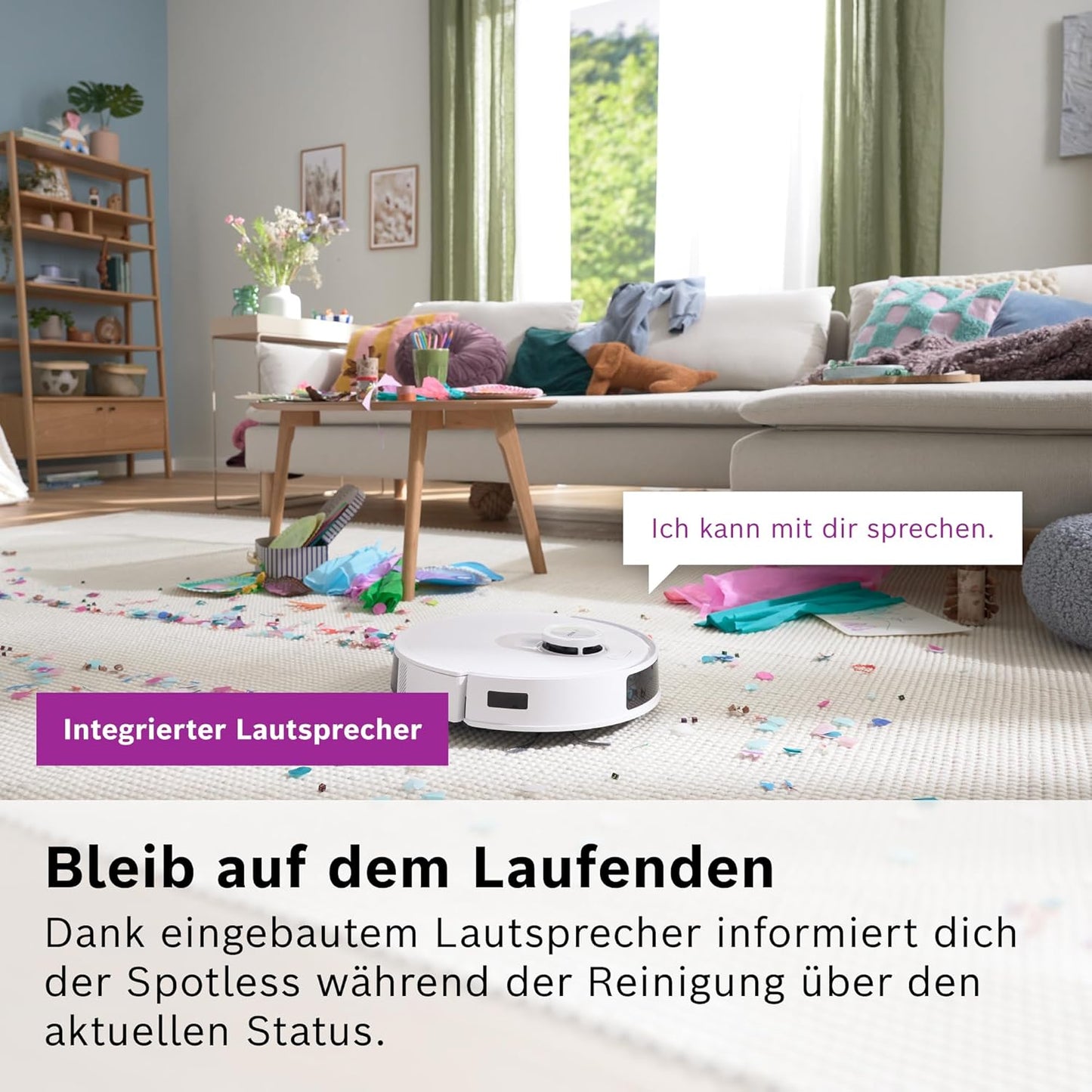 Bosch Spotless + BCRD1W Saugroboter mit Wischfunktion, 11.000 Pa Saugkraft, Wischpad, Trocken-Servicestation, Smart Vision Navigation mit Infrarot-Licht, Steuerung per App, weiß
