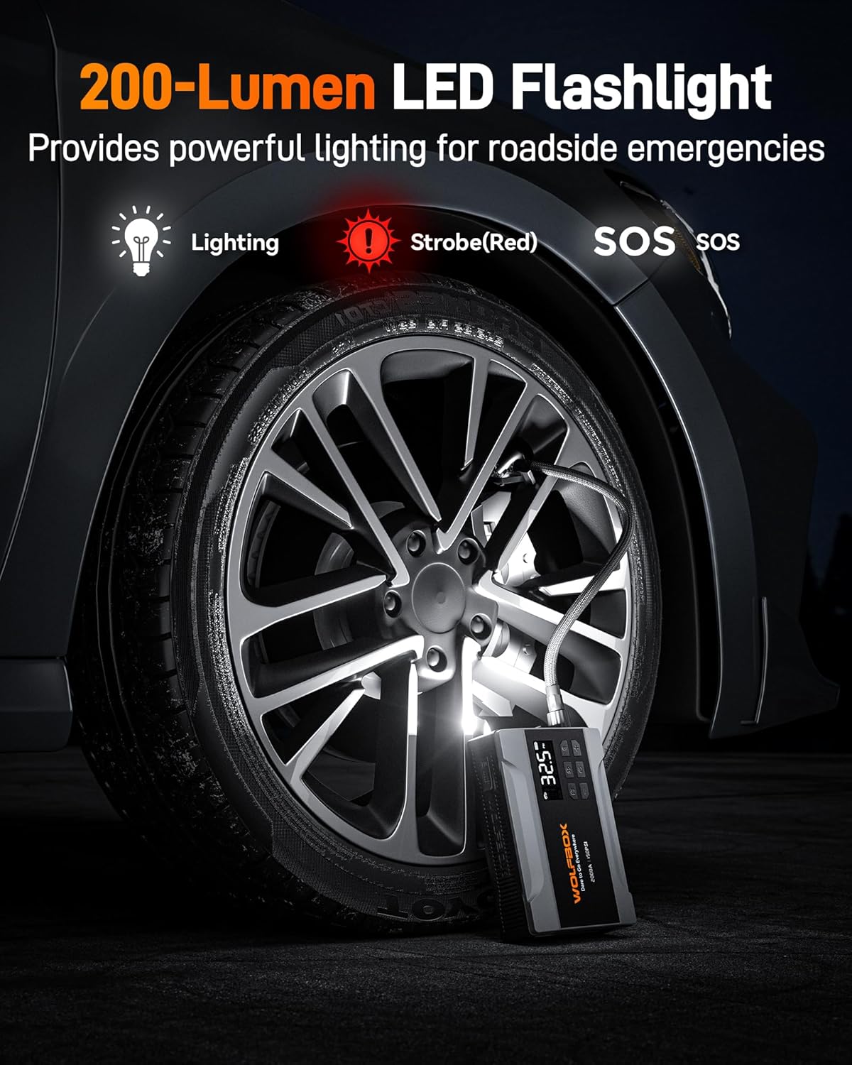 WOLFBOX 4000A Jump Starter with 160PSI Air Compressor, 12V Car Battery Booster, 65W Fast Charge, 24000mAh Portable Tire Inflator, LED Display for 10L Gas & 10L Diesel Engines, LED Light, Jumper Cables