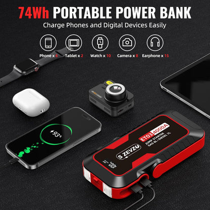 S ZEVZO ET03 Car Jump Starter 4000A Jump Starter Battery Pack for Up to 8.0L Gas and 7.0L Diesel Engines, 74Wh Portable 12V Jump Box with USB Ports, LCD Display, Storage Case, and LED Light