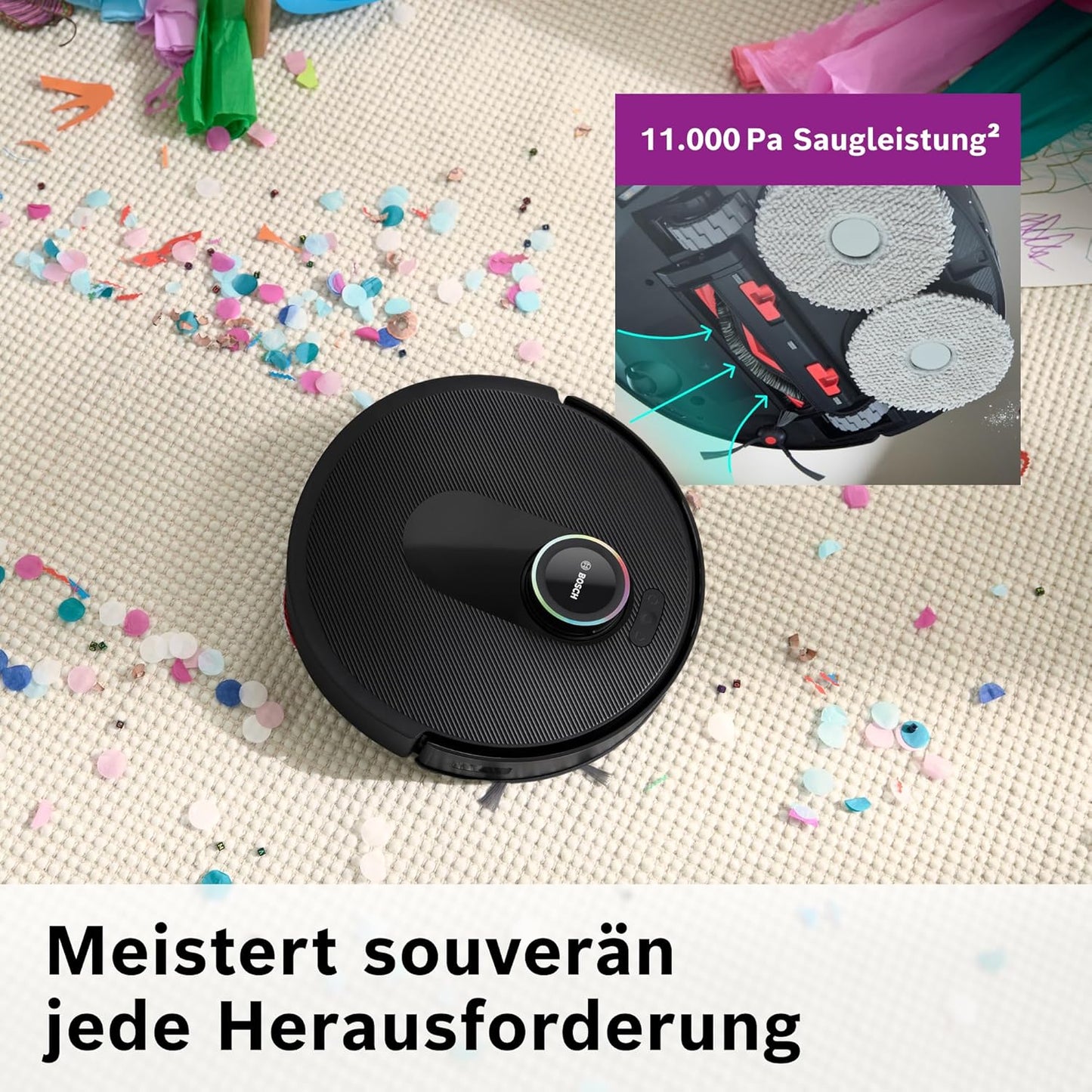 Bosch Spotless Max Cam BCRDW3BX Saugroboter mit Wischfunktion, 11.000 Pa Saugkaft, rotierende Wischpads, Nass-Trocken-Servicestation, Selbstreinigung, Smart Vision Kamera, Steuerung per App, schwarz
