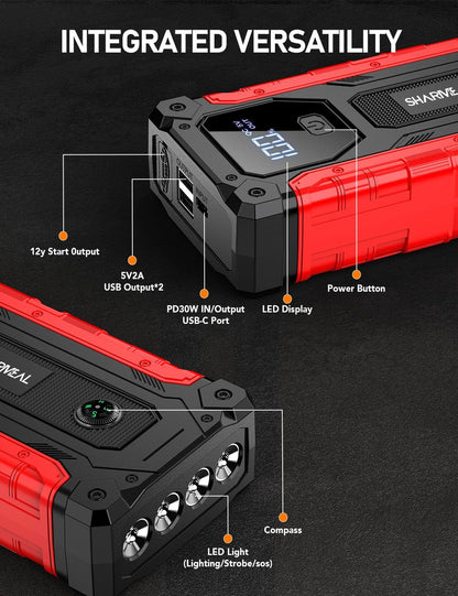 Sharmeal Car Jump Starter 5000A, Jump Starter Battery Pack for 10.0L Gas and 9.0L Diesel, 12V Portable Jump Box with LED Light