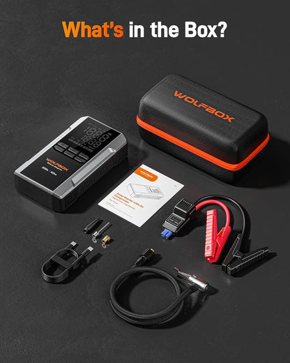 WOLFBOX 4000A Jump Starter with 160PSI Air Compressor, 12V Car Battery Booster, 65W Fast Charge, 24000mAh Portable Tire Inflator, LED Display for 10L Gas & 10L Diesel Engines, LED Light, Jumper Cables