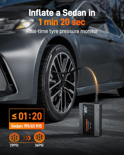 WOLFBOX 4000A Jump Starter with 160PSI Air Compressor, 12V Car Battery Booster, 65W Fast Charge, 24000mAh Portable Tire Inflator, LED Display for 10L Gas & 10L Diesel Engines, LED Light, Jumper Cables