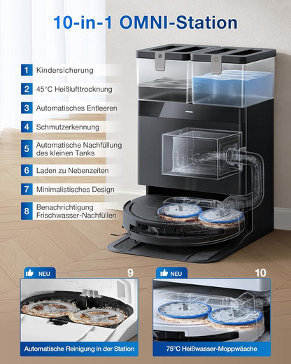 ECOVACS DEEBOT T50 PRO Omni Gen2 Saugroboter mit Wischfunktion, Ausfahrende Seitenbürste und Wischmopp, 21.000 Pa, Auto Zugabe von Reinigungslösung, Moppwäsche mit 75°C heißem Wasser, Ultradünn 81 mm