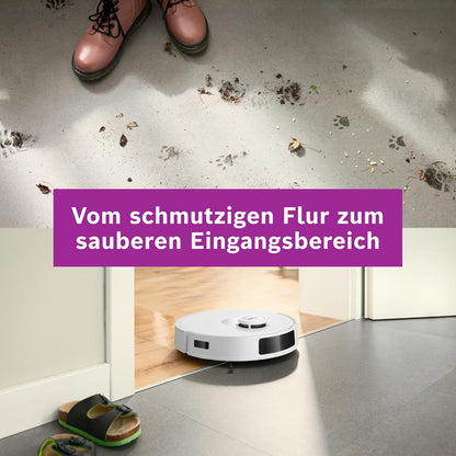 Bosch Spotless + BCRD1W Saugroboter mit Wischfunktion, 11.000 Pa Saugkraft, Wischpad, Trocken-Servicestation, Smart Vision Navigation mit Infrarot-Licht, Steuerung per App, weiß