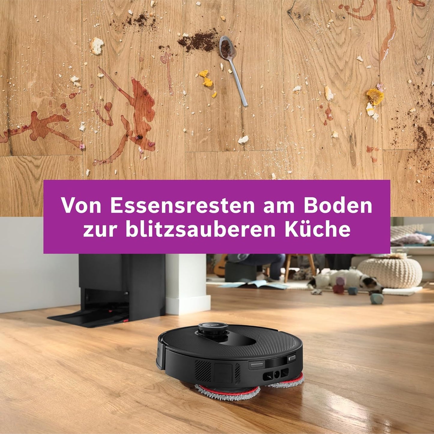 Bosch Spotless Max BCRDW3B Saugroboter mit Wischfunktion, 11.000 Pa Saugkaft, rotierende Wischpads, Nass-Trocken-Servicestation, Selbstreinigung, Smart Vision Navigation, Steuerung per App, schwarz