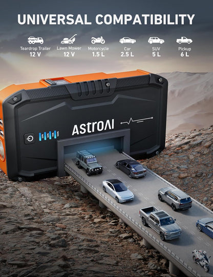 AstroAI S8 Car Battery Jump Starter, Car Jumper Starter Battery Pack for Up to 6.0L Gas & 3.0L Diesel Engines, 12V Portable Jump Box with 3 Modes Flashlight and Jumper Cable (Orange)