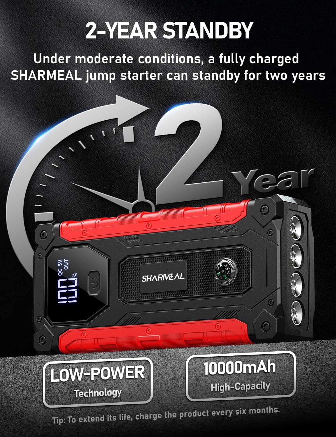 Sharmeal Car Jump Starter 5000A, Jump Starter Battery Pack for 10.0L Gas and 9.0L Diesel, 12V Portable Jump Box with LED Light
