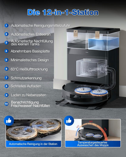 ECOVACS DEEBOT T50 PRO Omni Gen2 Saugroboter mit Wischfunktion, Ausfahrende Seitenbürste und Wischmopp, 21.000 Pa, Auto Zugabe von Reinigungslösung, Moppwäsche mit 75°C heißem Wasser, Ultradünn 81 mm